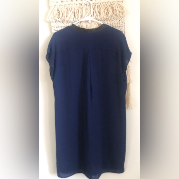 VINCE Silk & Lamb Leather Trimmed Navy Tunic Dress Short Sleeve Size Medium - Picture 5 of 6